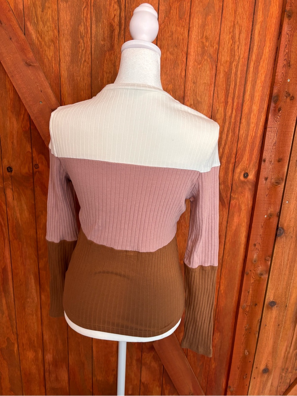 Colorblock Ribbed Long-Sleeve Top - Pink, Cream & Brown - Picture 3 of 3